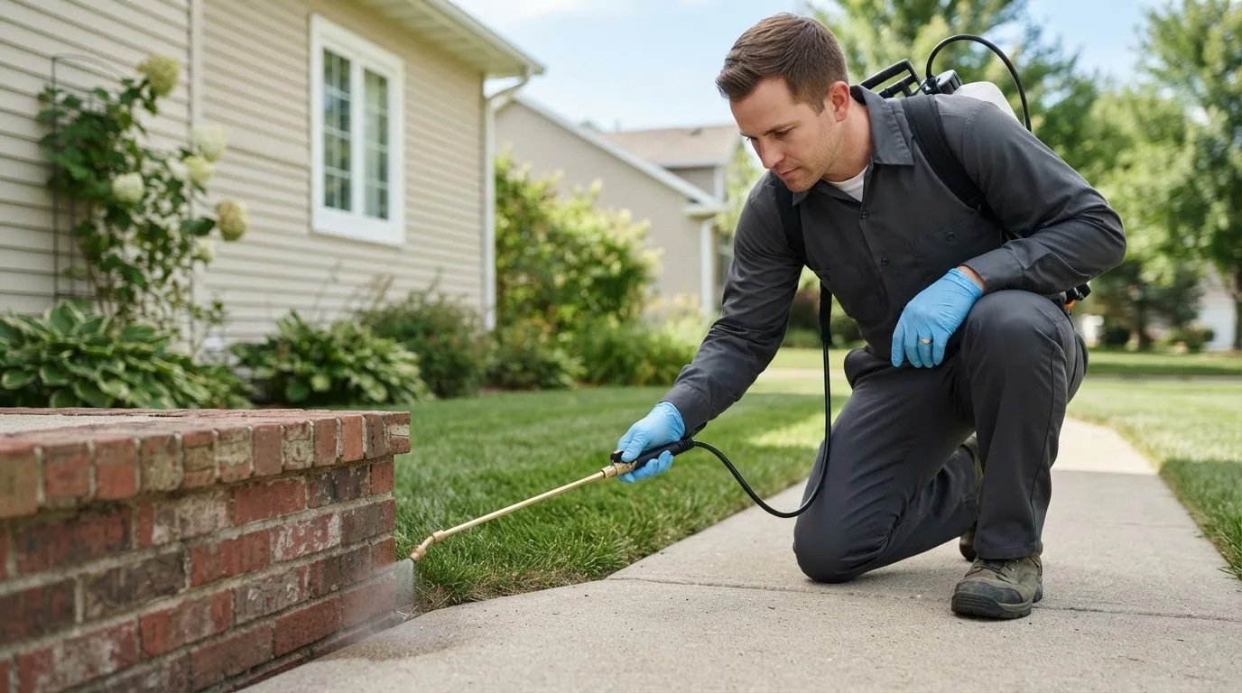 Pest control technician treating a home near Canyon, MN